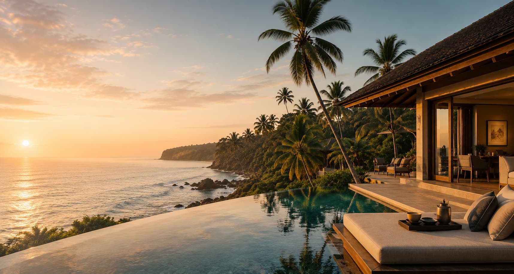 Infinity pool overlooking the Sri Lankan coastline at sunset